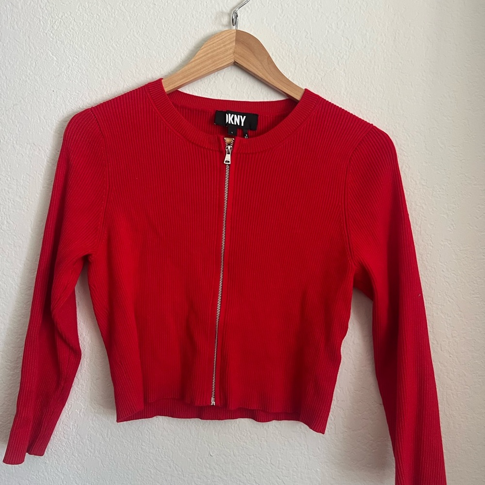DKNY Red Ribbed Zip-Front Cropped Sweater